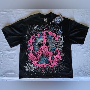 Black Graphic T-Shirt with Pink and Blue Design By Hellstar!